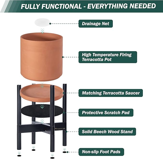 D'vine Dev Terracotta Planter with Ebony Stand - 8 Inch Modern Round Flower Pot with Wood Planter Holder, Terracotta, 55-B-M-5