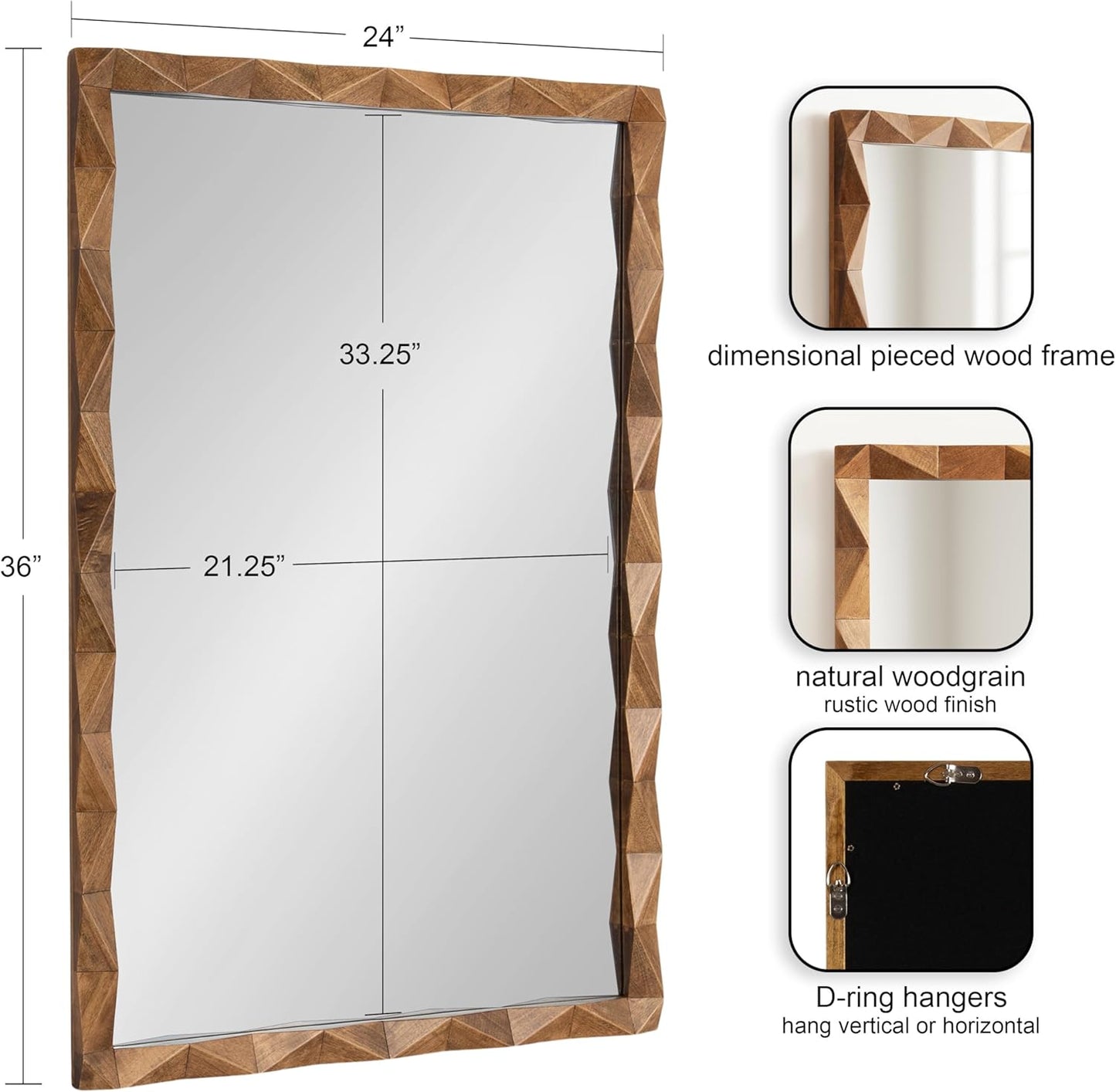 Kate and Laurel Endicott Modern Geometric Rectangle Wall Mirror, 24 x 36, Natural Rustic, Rectangular Dimensional Pieced Wood Mirror for Use as Bathroom Mirror for Over Sink or Cute Nursery Mirror