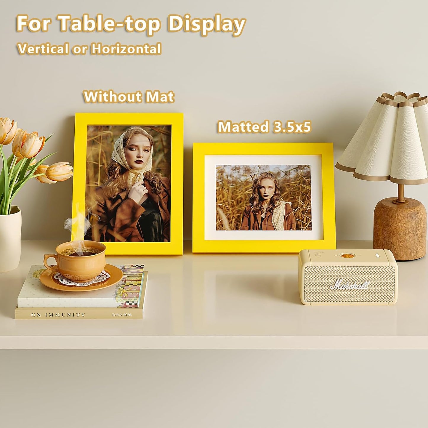 KINLINK 6x8 Picture Frames Yellow, Solid Wood Frames with Acrylic Plexiglass for Pictures 4x6 with Mat or 6x8 without Mat, Tabletop and Wall Display Photo Frame, Set of 4