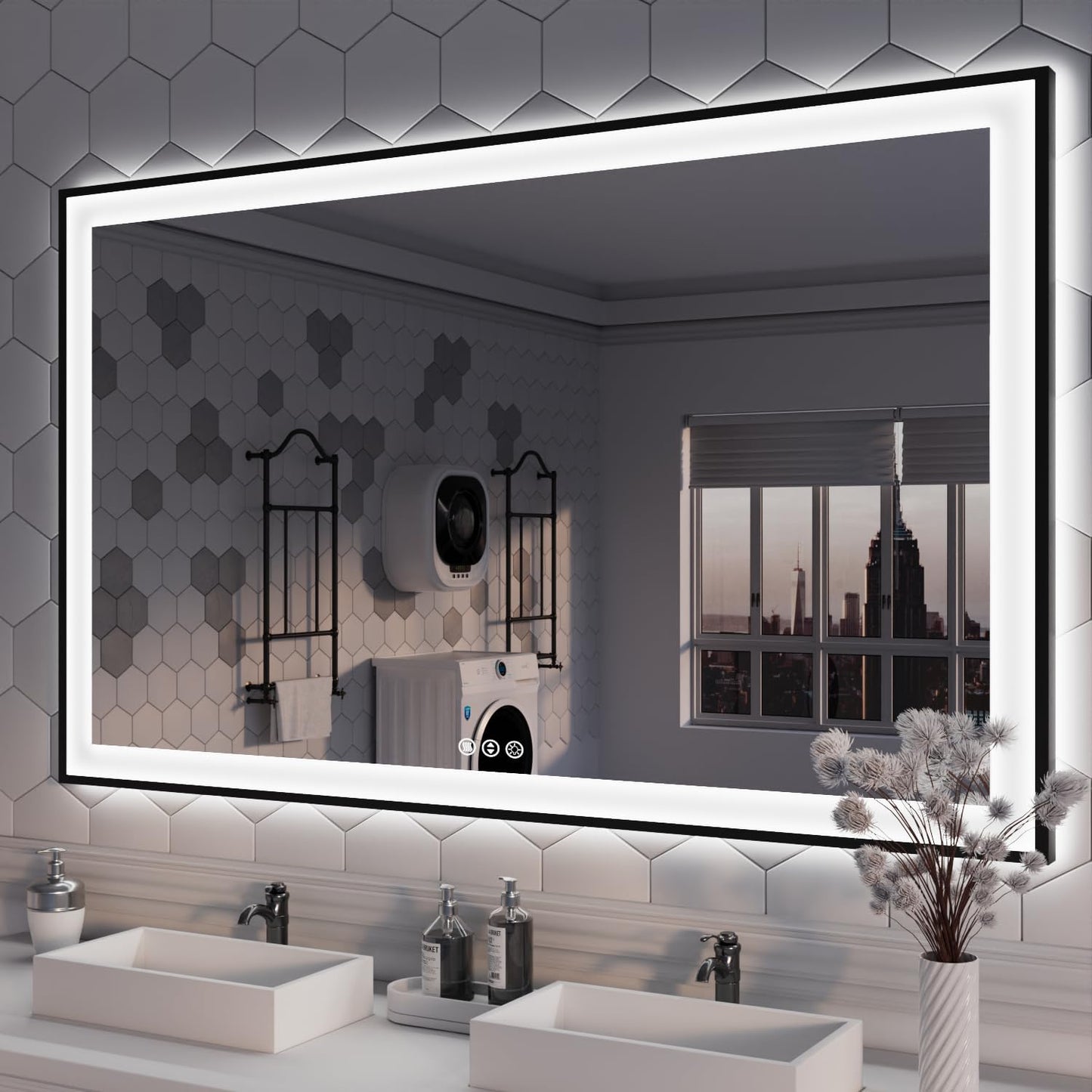 ISKM Framed LED Mirror for Bathroom 57"x36", Dimmable LED Bathroom Mirror with Lights, Anti-Fog, Front and Backlit Lighted Mirror 3-Colors, Shatterproof, Memory Function