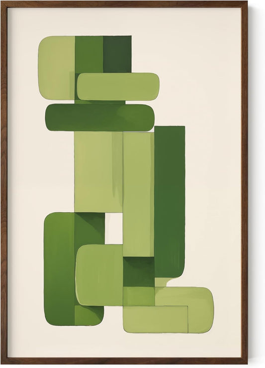 HAUS AND HUES Modern Abstract Wall Art - Blue and Green Living Room Art, Modern Artwork for Walls, Minimalist Picture for Living Room(Green Geometric, Walnut Frame, 24x36)