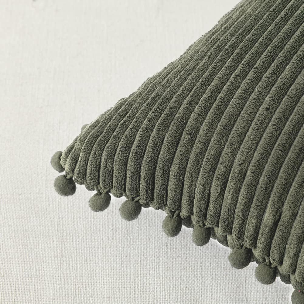 Fancy Homi 2 Pack Olive Green Lumbar Decorative Throw Pillow Covers 12x20 Inch with Pom-poms for Couch Bedroom Sofa, Soft Corduroy Solid Rectangle Cushion Case 30x50 cm, Farmhouse Boho Home Decor