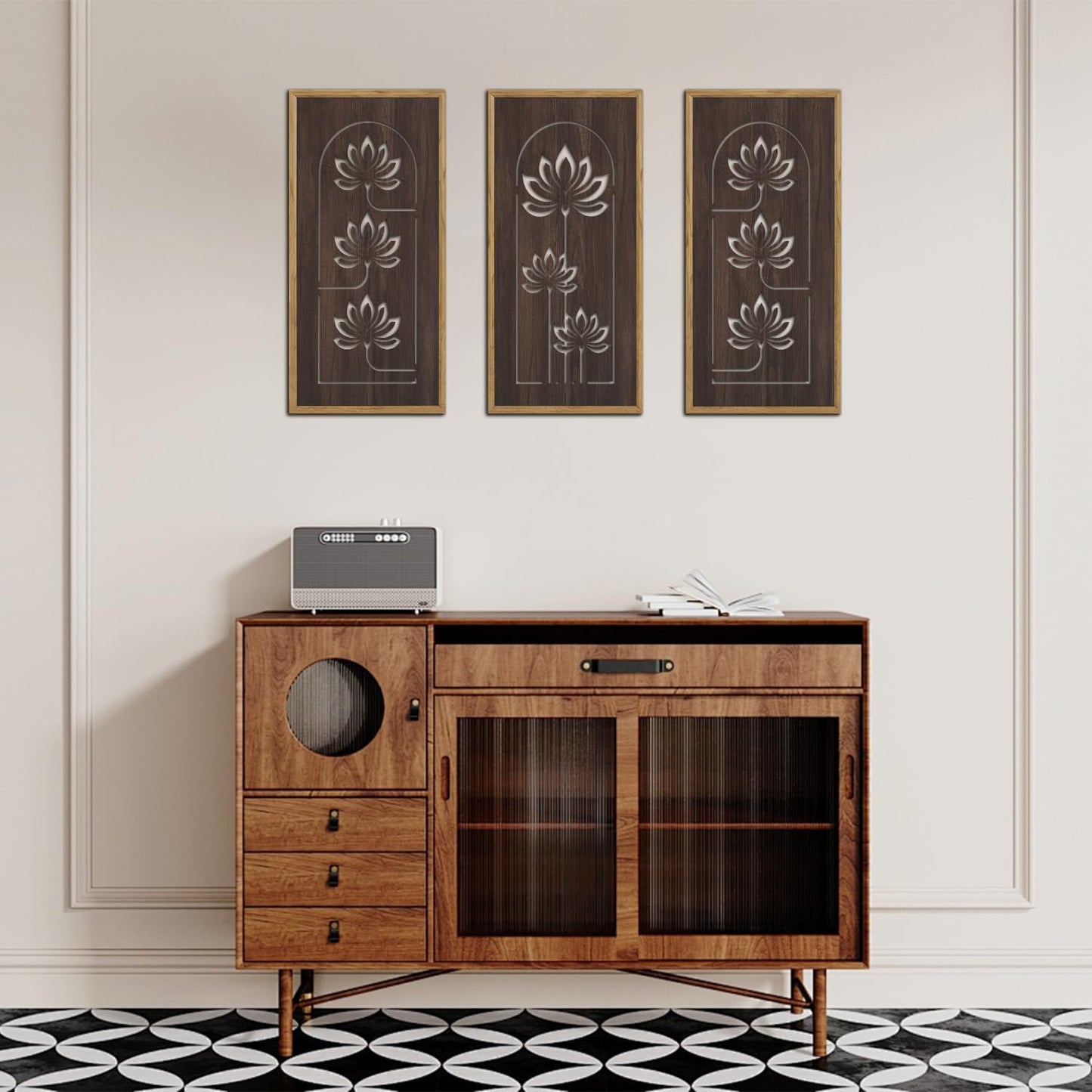 KAIRNE Lotus Wooden Wall Art,Vintage Farmhouse Room Decor,Set of 3(16” X 8”),Framed Mandala Lotus Flowers Wall Decor,Brown Retro Wood Hanging Board for Living Room yoga room Office Decoration