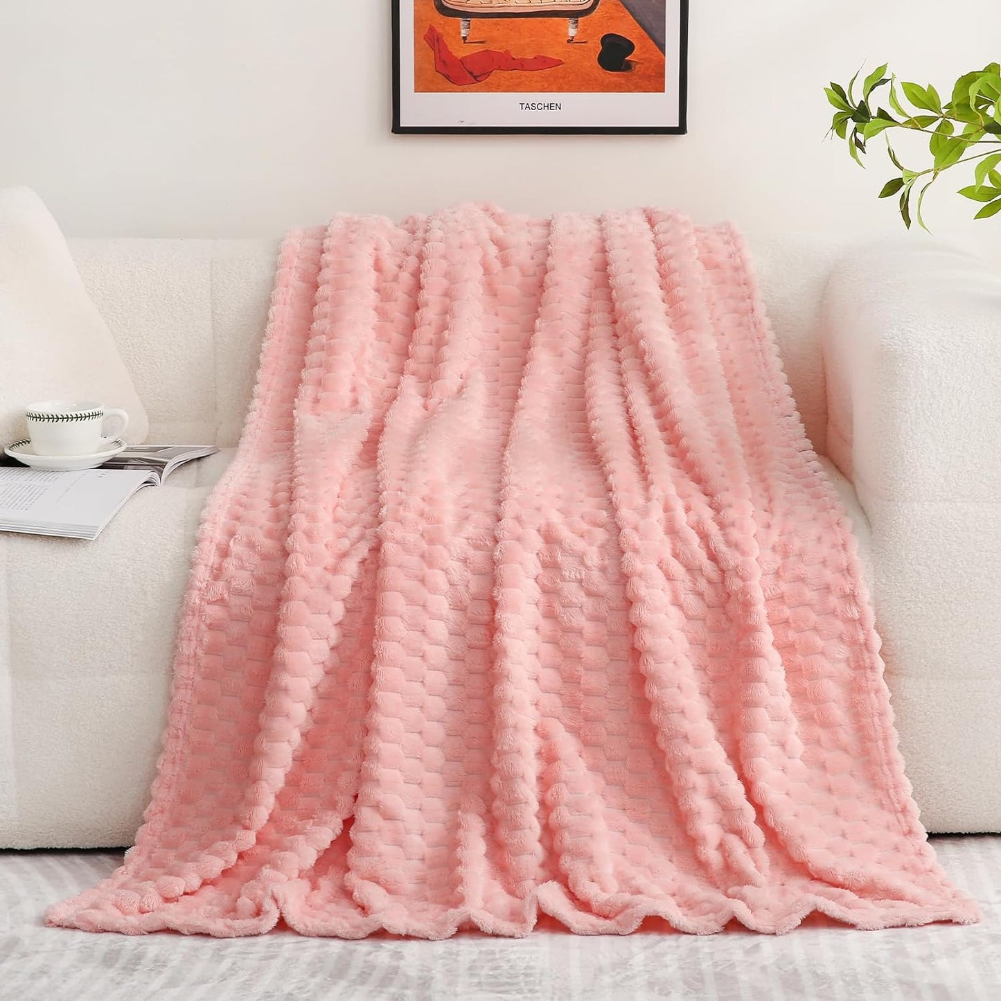 Light Pink Throw Blanket 50"×70" inches Gifts for Mom Fuzzy 3D Jacquard Decorative Flannel Fleece Super Soft Plush Cozy Blanket for Couch Sofa Chair Lightweight