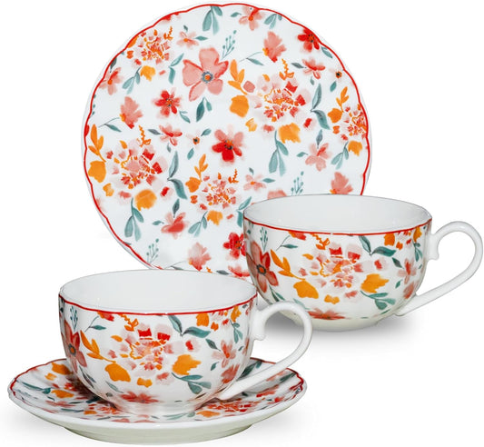 Cups and Saucers Coffee Tea Cups Set of 2 (7.4 oz/ 220ml) Ceramic Cup Espresso Mug with Gold Trim Floral Porcelain Vintage Flower Pattern for Gifts, Gatherings, Receptions,Breakfast, Home