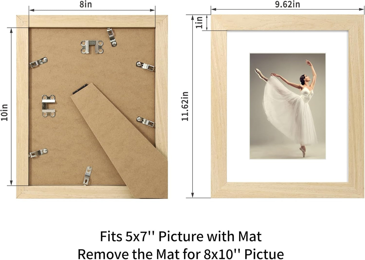 iRahmen 8x10 Picture Frame Set of 2, Wood Photo Frame with HD Real Glass, Display Pictures 5x7 with Mat or 8 x 10 without Mat for Tabletop or Wall Mounting