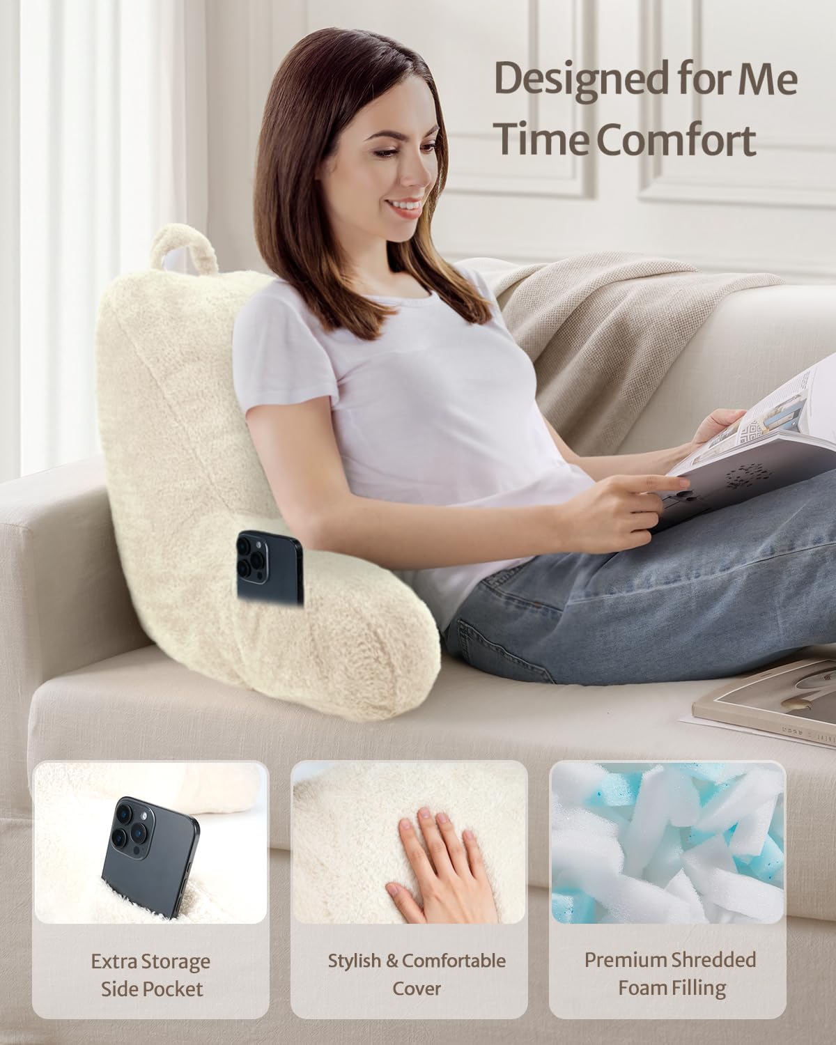 Blissful Diary Plush Velvet Reading Pillow for Kids/Teens/Adults, Back Rest Pillow for Sitting Up in Bed with Shredded Memory Foam, Includes Arms and Washable Cover, Off White