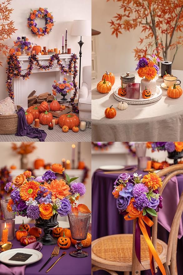 TINGE TIME Rose Artificial Flowers Combo, Fake Foam Roses with Stems for DIY Autumn Wedding Bridal Shower Party Table Centerpieces Fake Floral Arrangement Home Decor(Burnt Orange and Purple)