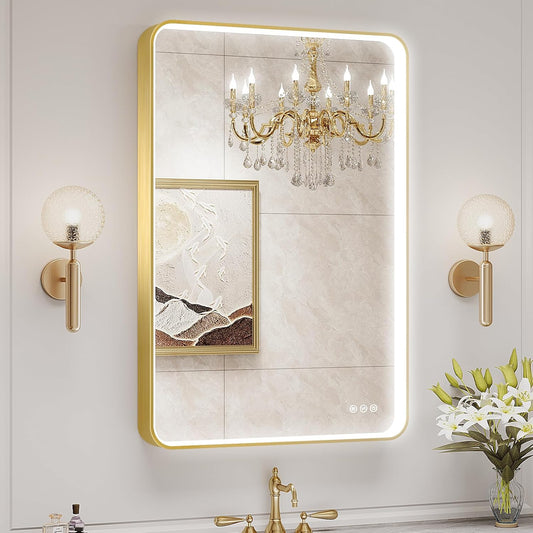 LED Mirror for Bathroom 24X36 Inch Gold Framed with Anti-Fog, Stepless Dimmable, Front Lit, LED Bathroom Vanity Mirror for Wall, Memory Function, Shatter-Proof