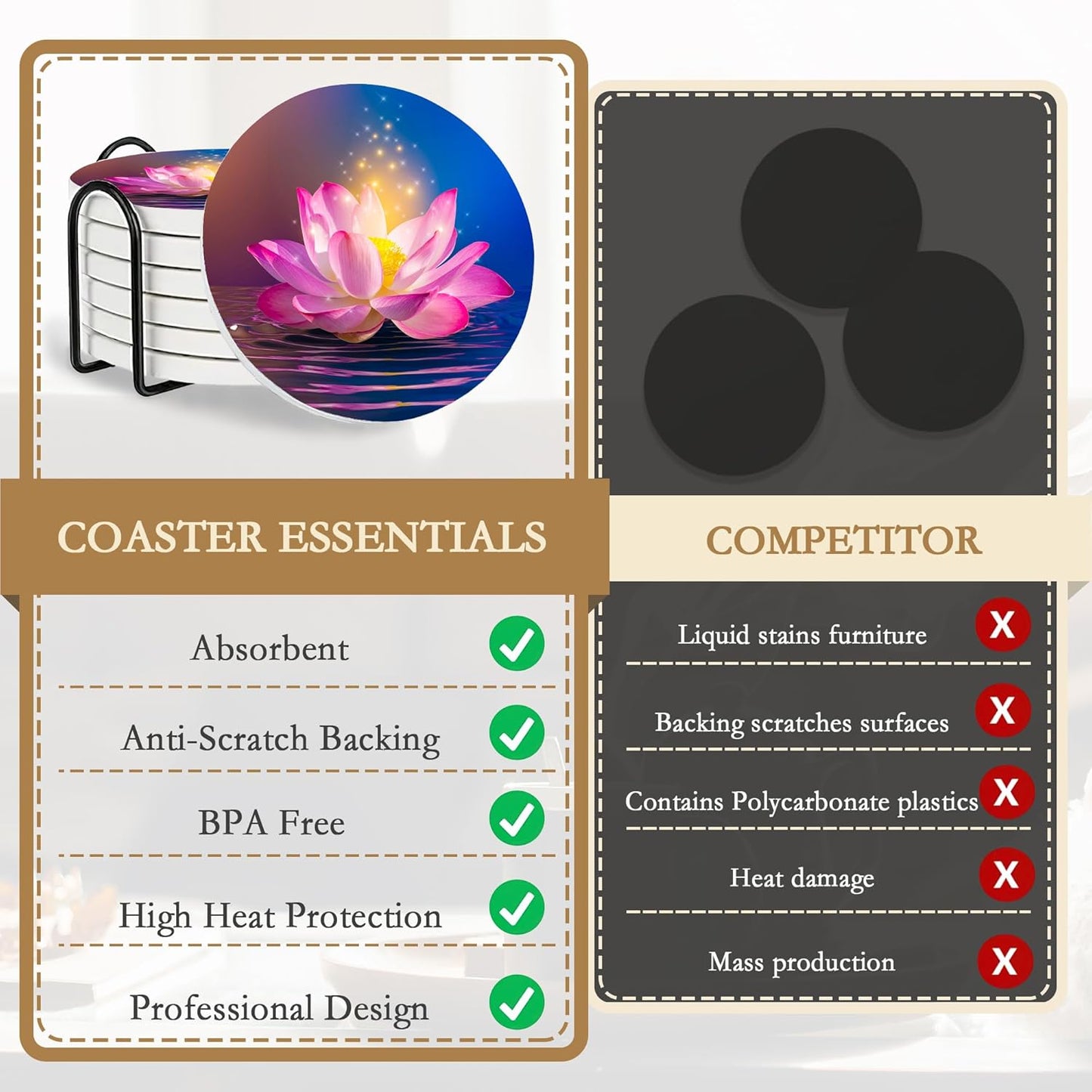 Drink Coasters with Holder,6 Pcs Water Lily Coffee Cup Mat with Storage Holder, Durable Ceramic Coaster Set for Hot & Cold Beverages