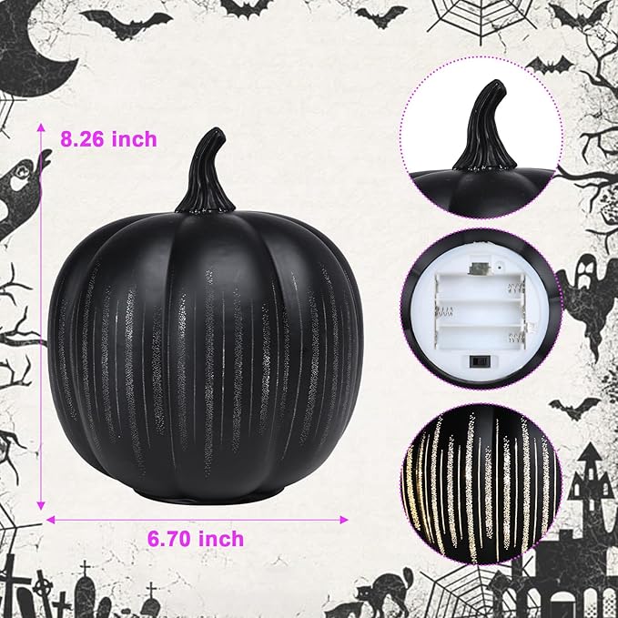 VCUTEKA Glass Pumpkin Lights, Lighted Pumpkins Halloween Decorations for Home, Pumpkin for Indoor Decor and Thanksgiving Centerpieces Tables Decor, Black
