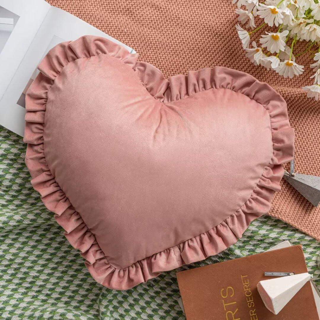 Heart Shaped Throw Pillow,Satin Ruffed Pink Heart Throw Pillows Home Decoration Cushion for Sofa Bed Living Room (20×16inch) Lavender