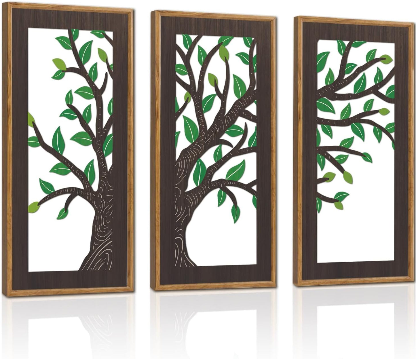 KAIRNE Wooden Tree Branch Framed Wall Art(Set of 3, 16”x8”),Abstract Tree of Life Hollow Artwork Decor,Rustic Birch Green Leaves Wood Decor,Modern Tree Farmhouse Decor for Living Room Bedroom Kitchen