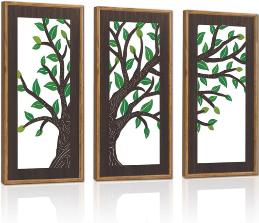 KAIRNE Wooden Tree Branch Framed Wall Art(Set of 3, 16”x8”),Abstract Tree of Life Hollow Artwork Decor,Rustic Birch Green Leaves Wood Decor,Modern Tree Farmhouse Decor for Living Room Bedroom Kitchen
