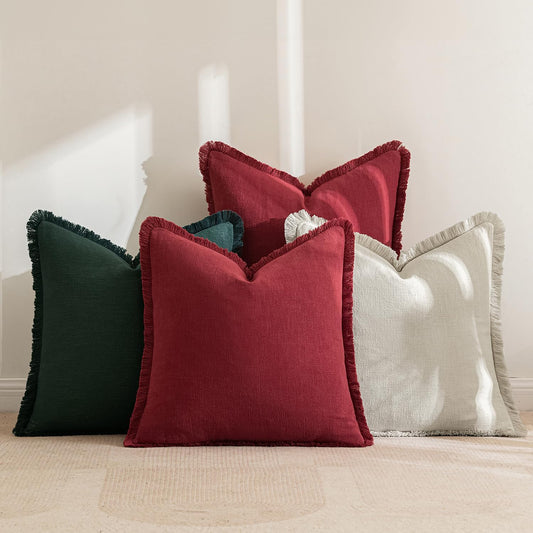 MIULEE Linen Pillow Covers 18x18 Inch Decorative Throw Pillows with Fringe Pack of 4 Soft Farmhouse Boho Couch Pillows Home Decors for Sofa Cushion Living Room Bed Dark Green and Burgundy