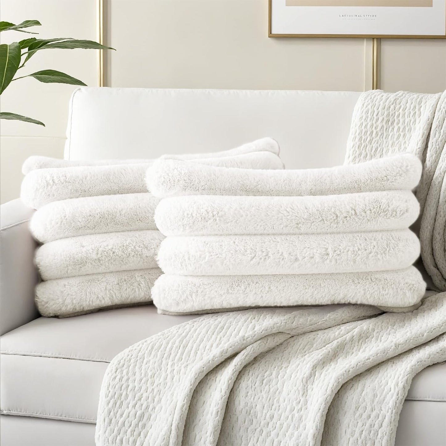 HAUSSY Faux Fur Throw Pillow Covers 12x20 Inch Set of 2,Decorative Striped Neutral Pillow Cases Soft Plush Couch Pillow Covers,Home Decor for Sofa,Bed, Living Room,Cream White