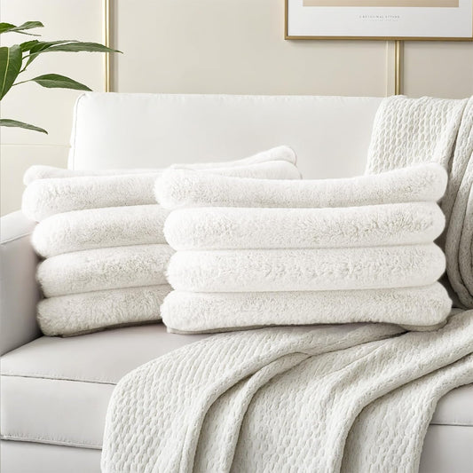 HAUSSY Faux Fur Throw Pillow Covers 12x20 Inch Set of 2,Decorative Striped Neutral Pillow Cases Soft Plush Couch Pillow Covers,Home Decor for Sofa,Bed, Living Room,Cream White
