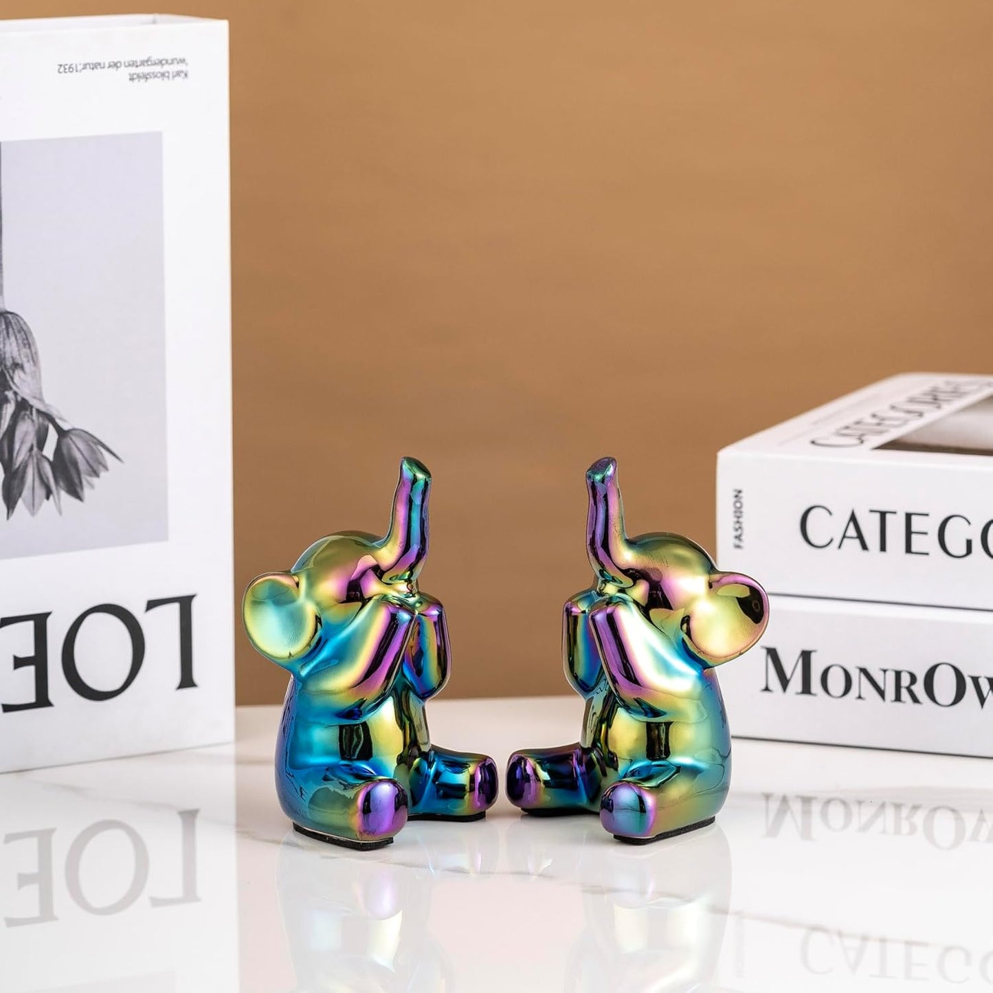 Colorful Black Loving Pair of Small Elephant Statues Silver Home Decor Modern Boho Style Figurine Decorative Ornaments for Living Room, Bedroom, Office Desktop, Cabinets, Shelf