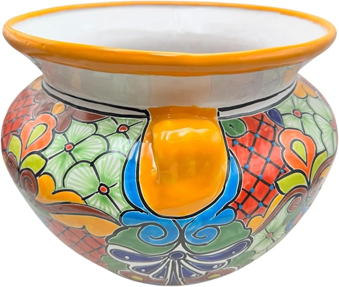 Talavera Michoacana Planter XL Pot Folk Art Multicolor Mexican Pottery Home Decor Hand Painted Garden Indoor Handmade Outdoor 18.5" (Yellow Multicolor)