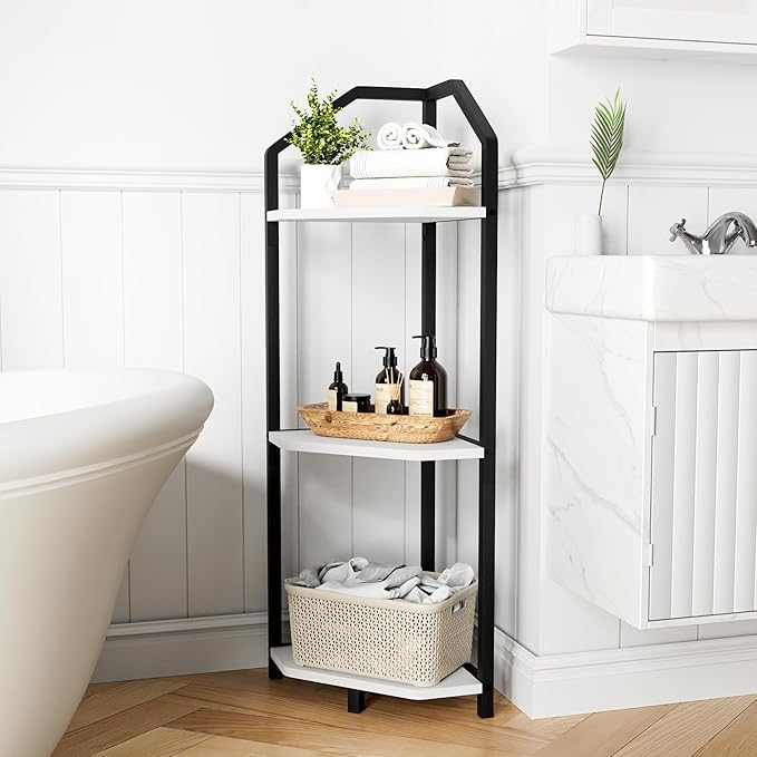 Fun Memories 3 Tier Corner Shelf, 40” Corner Shelf Stand, Corner Bookshelf Plant Stand, Storage Shelf for Bathroom, Living Room, Kitchen,Home Office, White