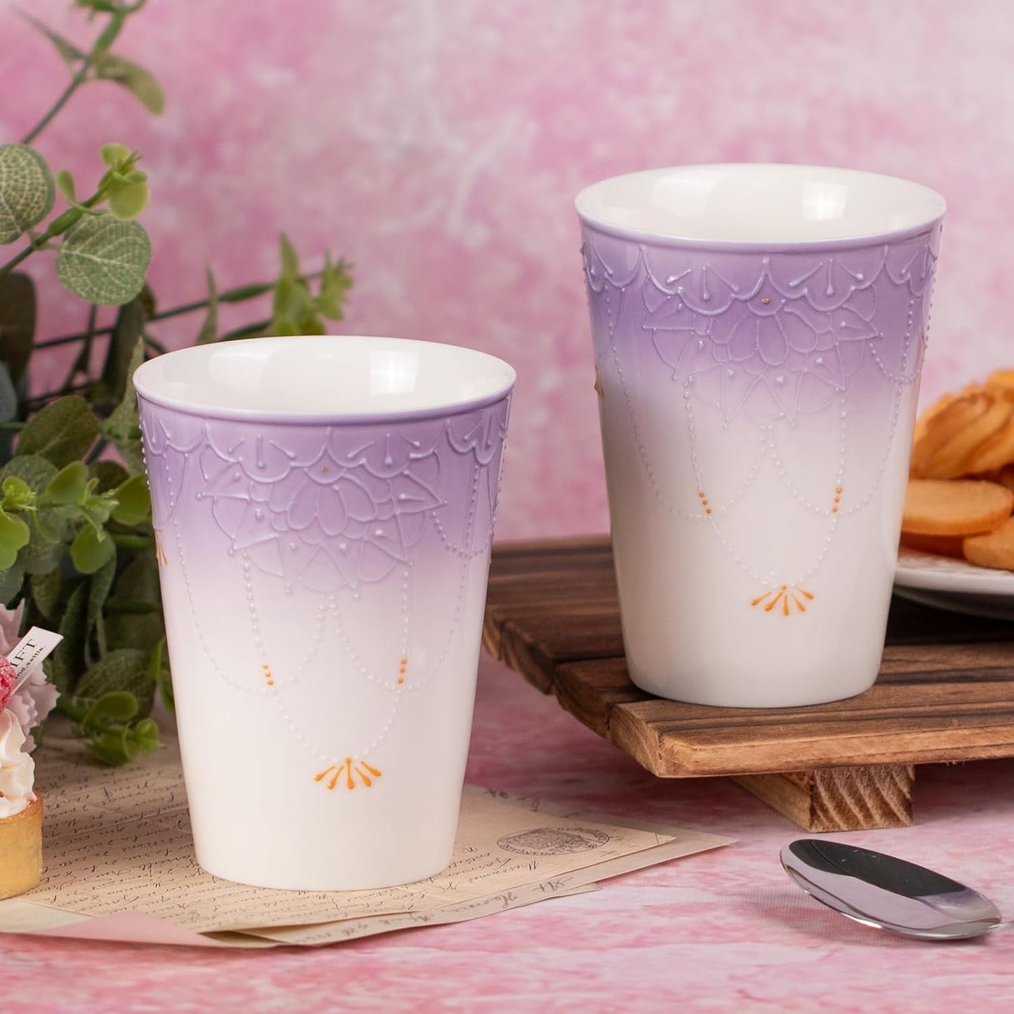 KAMMAK Ceramic Tea Cups Small, Cute Vintage Coffee Cup Set of 2, Porcelain Teacups Espresso Mug, 11.5oz Hand Painted Chinese Afternoon Tea Party Mugs, Birthday Gift for Women Men, Arita Pearl