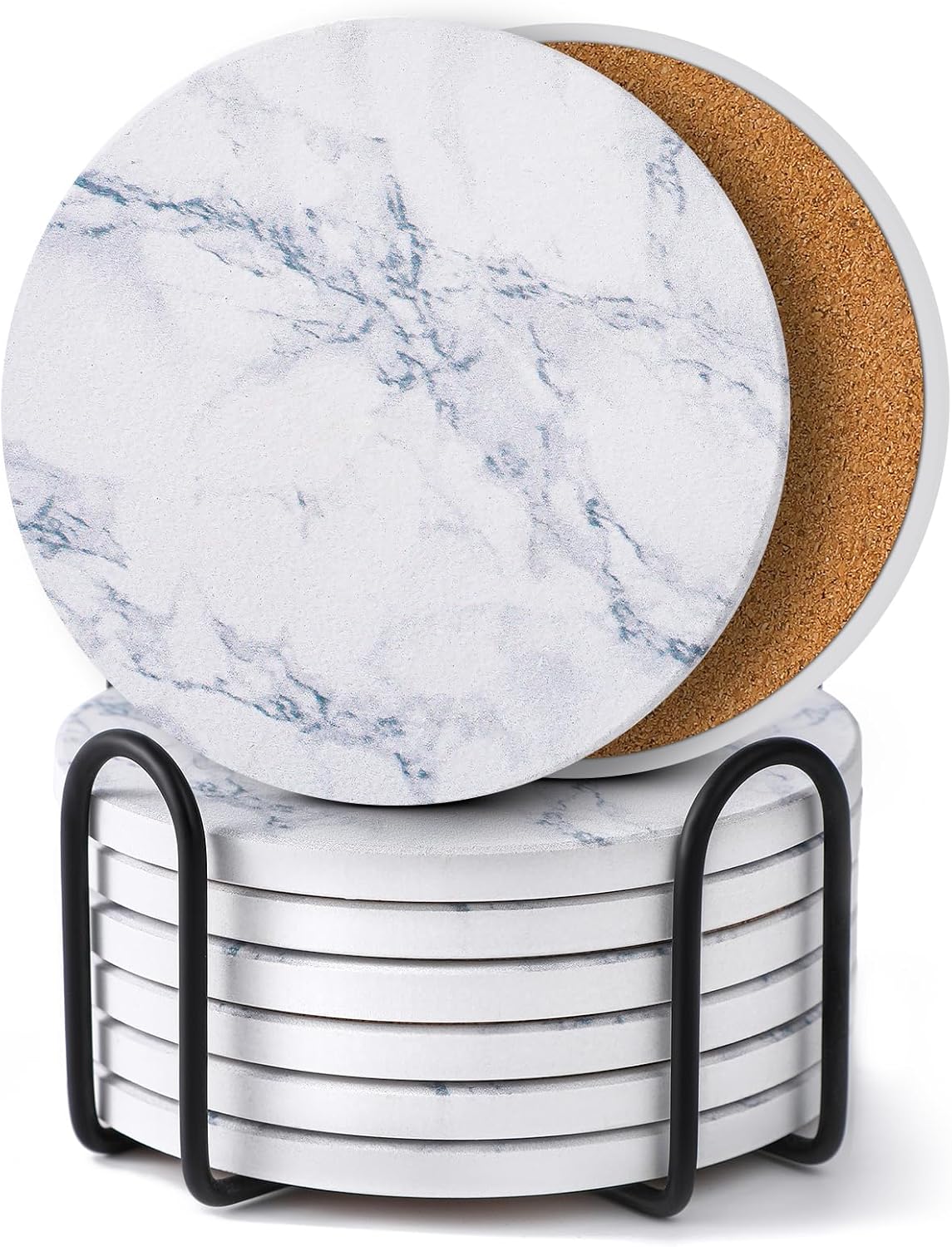 LIFVER Coasters Set of 8 for Drinks, White Marble-Style Anti-Slip Absorbent Drink Coasters with Holder, Modern Marble Stone Coaster for Home Patio Decor Coffee Bar Accessories Ideal Housewarming Gifts