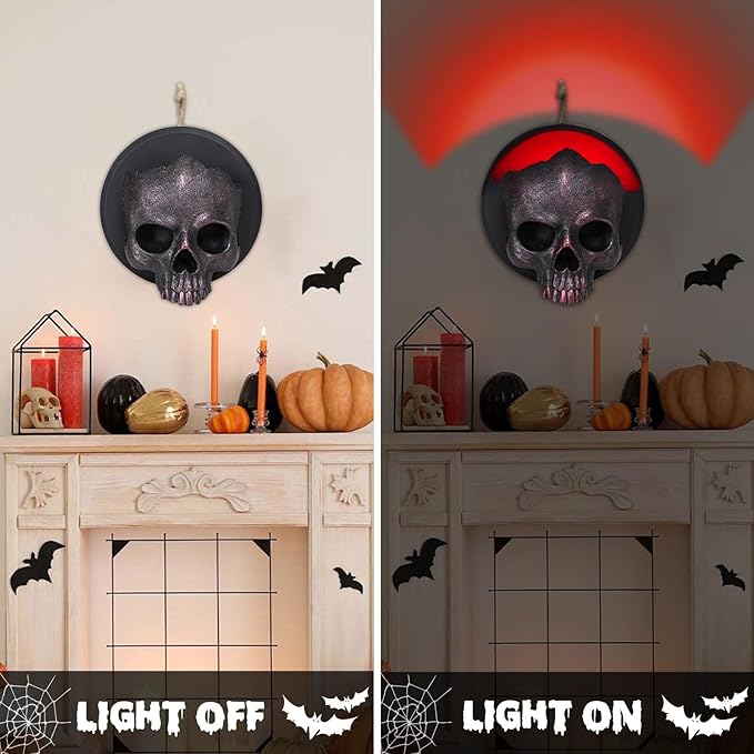 WONDER GARDEN 7.68 inch Halloween Skull Hanging Wall Decorations Light up Resin Red Gothic Skeleton Halloween Creepy Sculptures Sign for Indoor Outdoor Office Horror Home Wall Door Decor