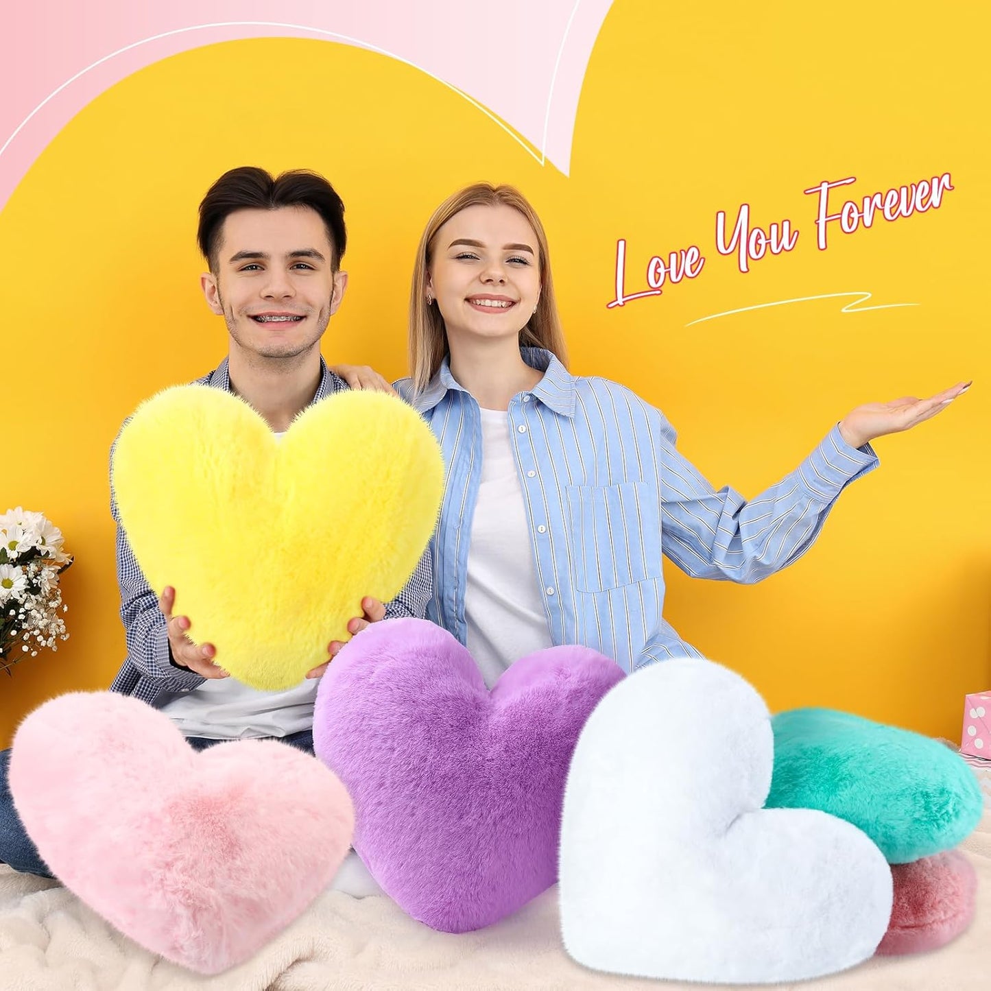 Liliful 6 Pcs Faux Rabbit Fur Heart Pillows Helloween Fluffy Heart Throw Pillows Christmas Cute Couch Cushion Soft Decorative Throw Cushion for Bed Sofa Girls Women(17 x 14 Inch,Candy Color)