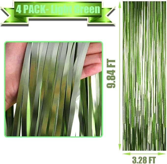 4 Pack Light Green Foil Fringe Curtain Backdrop, 3.28Ft x 9.84Ft Metallic Tinsel Streamers Curtains for Party, Photo Booth Props, Birthday, 2022 Graduation Decoration Supplies