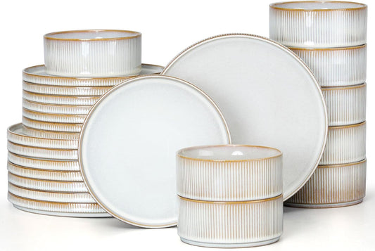 E-far 24-Piece Stoneware Dinnerware Sets, Plates and Bowls Sets for 8, Kitchen Modern Dinning Porcelain Dishes Set, Chip & Scratch Resistant, Dishwasher & Microwave Safe, Creamy Beige