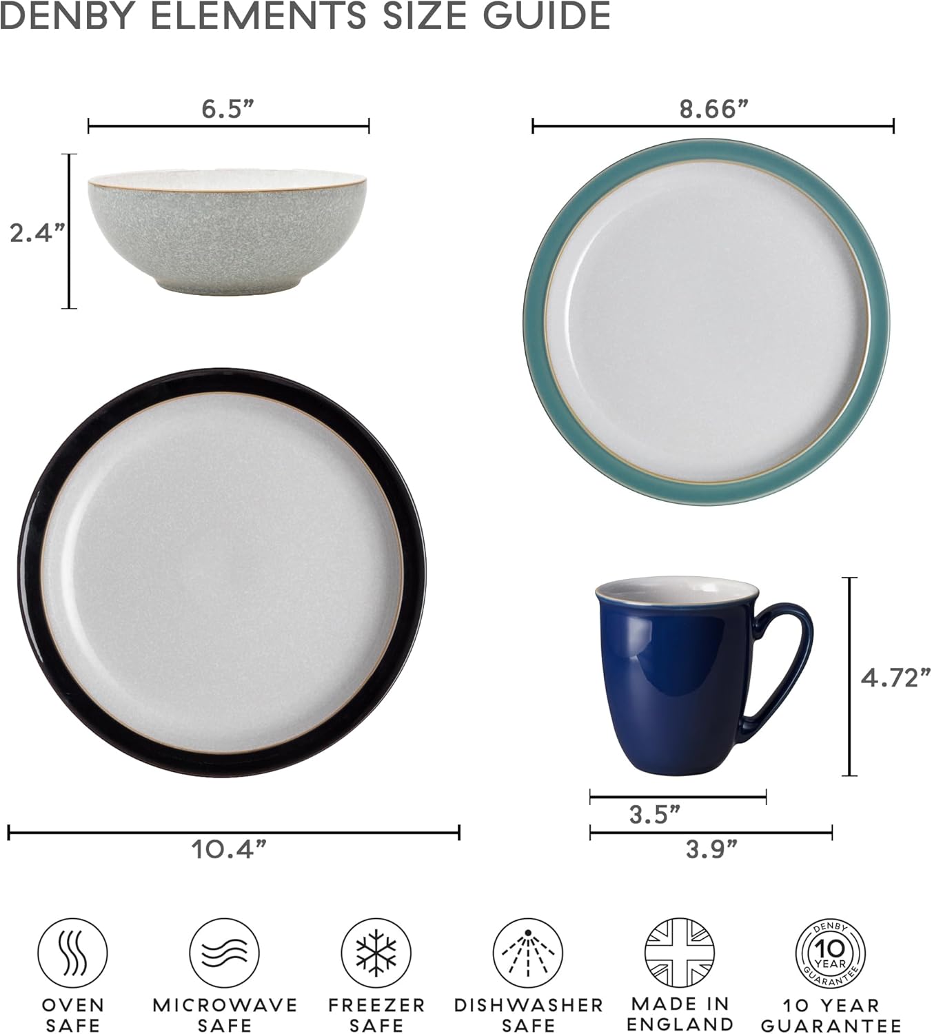 Denby - Elements Fern Green Dinner Plates Set of 4 - Contemporary Design - Ceramic Stoneware Tableware - Dishwasher & Microwave Safe - Scratch Resistant - 10.4in Large Everyday Dinnerware Plates