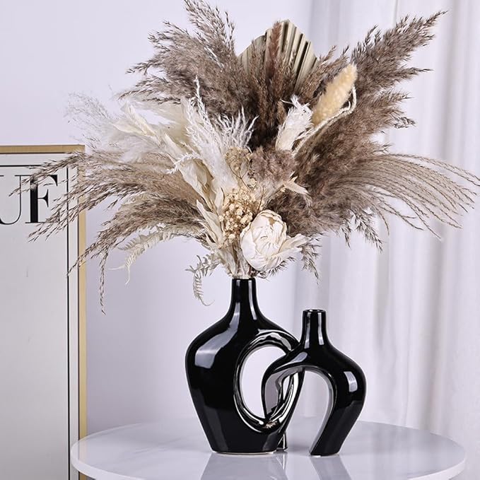 Black and Silver Hollow Ceramic Vase Set of 2, Modern Nordic Boho ins Style Aesthetic Decorative Flower Vase for Home Decor, Wedding, Living, Bedroom, Dining Table, Shelf, Mantle, Office Decor