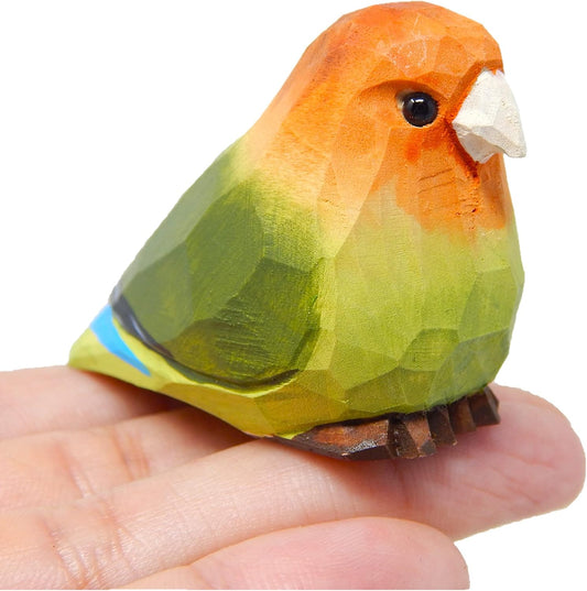 Hand-Carved Lovebird Wood Figurine Parrot Statue- Sculpture Ornament Decor Miniature Art Carved Small Animal,Rustic Wildlife Decor. Nature-Inspired Gifts & Collectibles