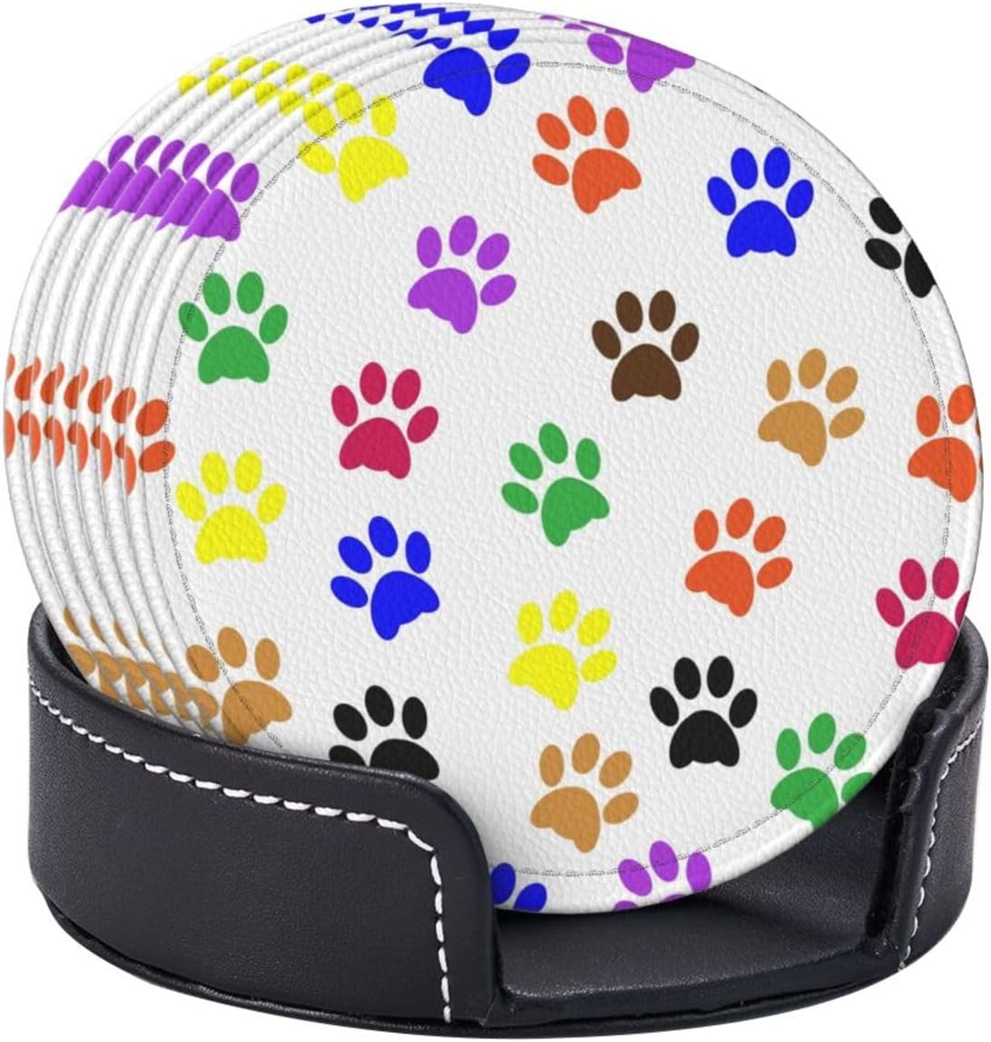 Drink Coasters with Holder Stand Set of 6, Dog Cat Paws Pu Leather Absorbent Coasters with Cork Base Table Round Coaster for Housewarming Apartment Kitchen Bar Decor