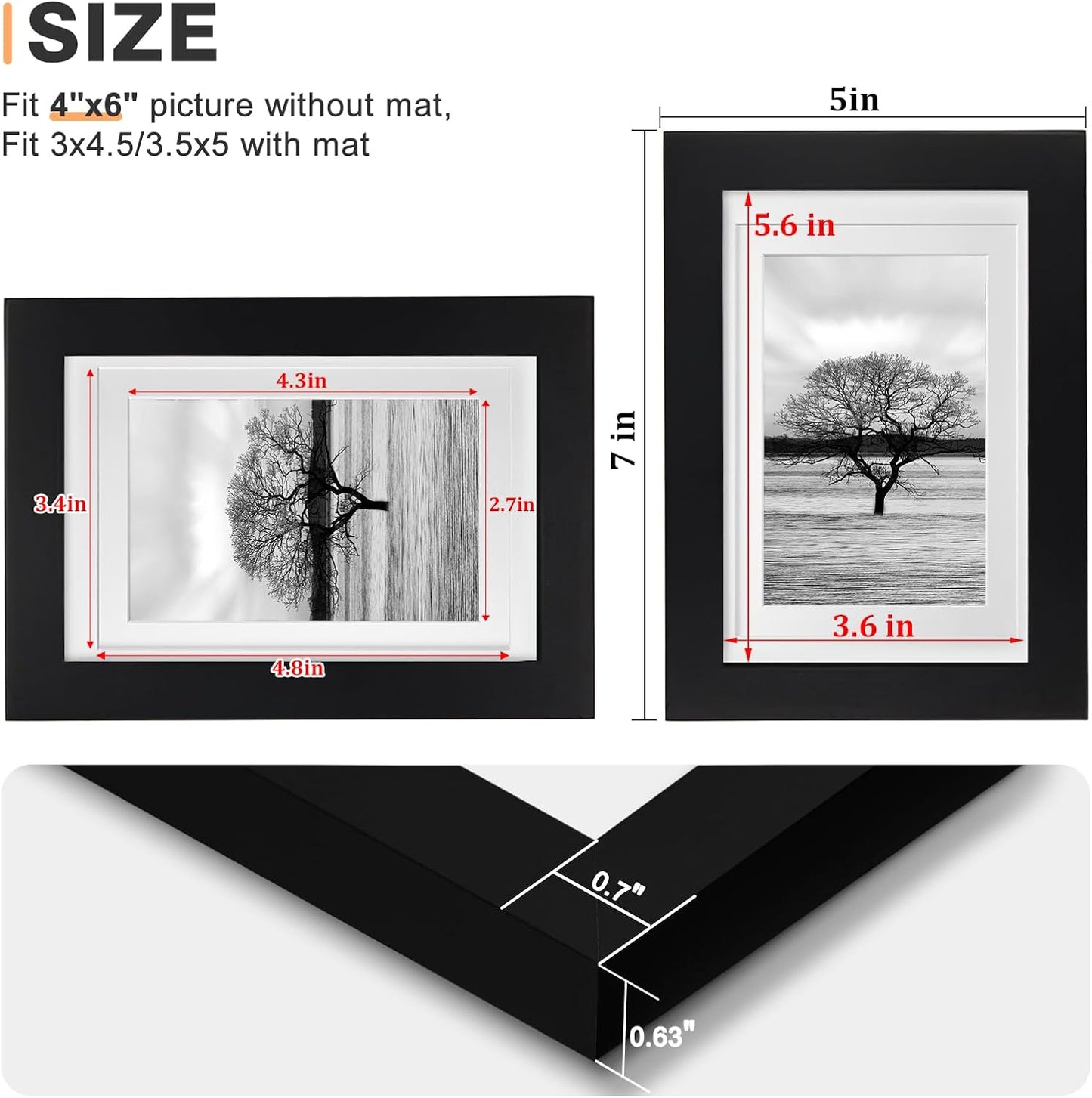 Egofine 4x6 Picture Frames Set of 4, Made of Solid Wood Covered by Plexiglass 3.5x5 with Mat or 4x6 without Mat, for Table Top Display and Wall Mounting Photo Frame Black