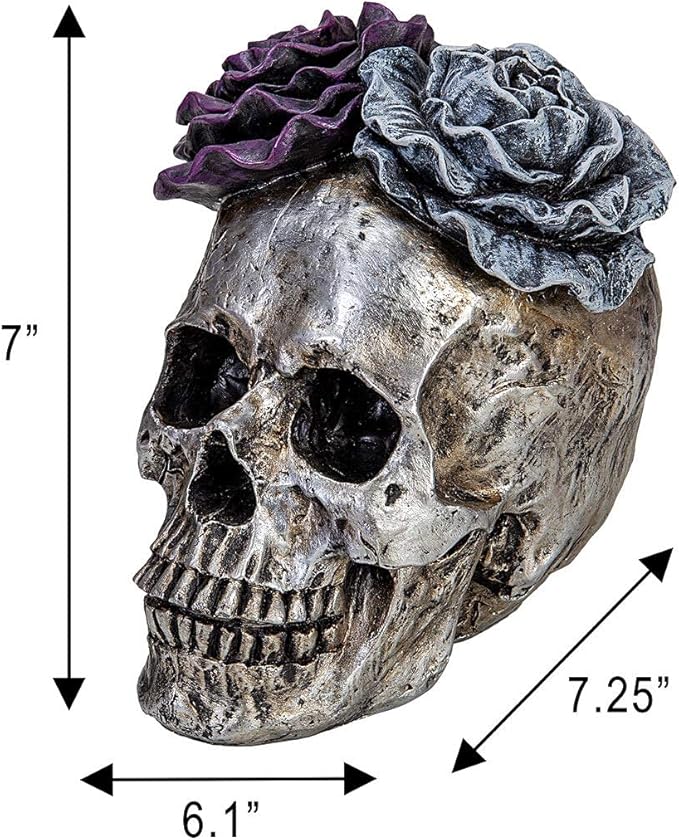 WENYLE Halloween Skull Statues Home Decor Day of Dead Purple Grey Rose Silver Skull Resin Figurine Flower Skull Decor 7.25" L