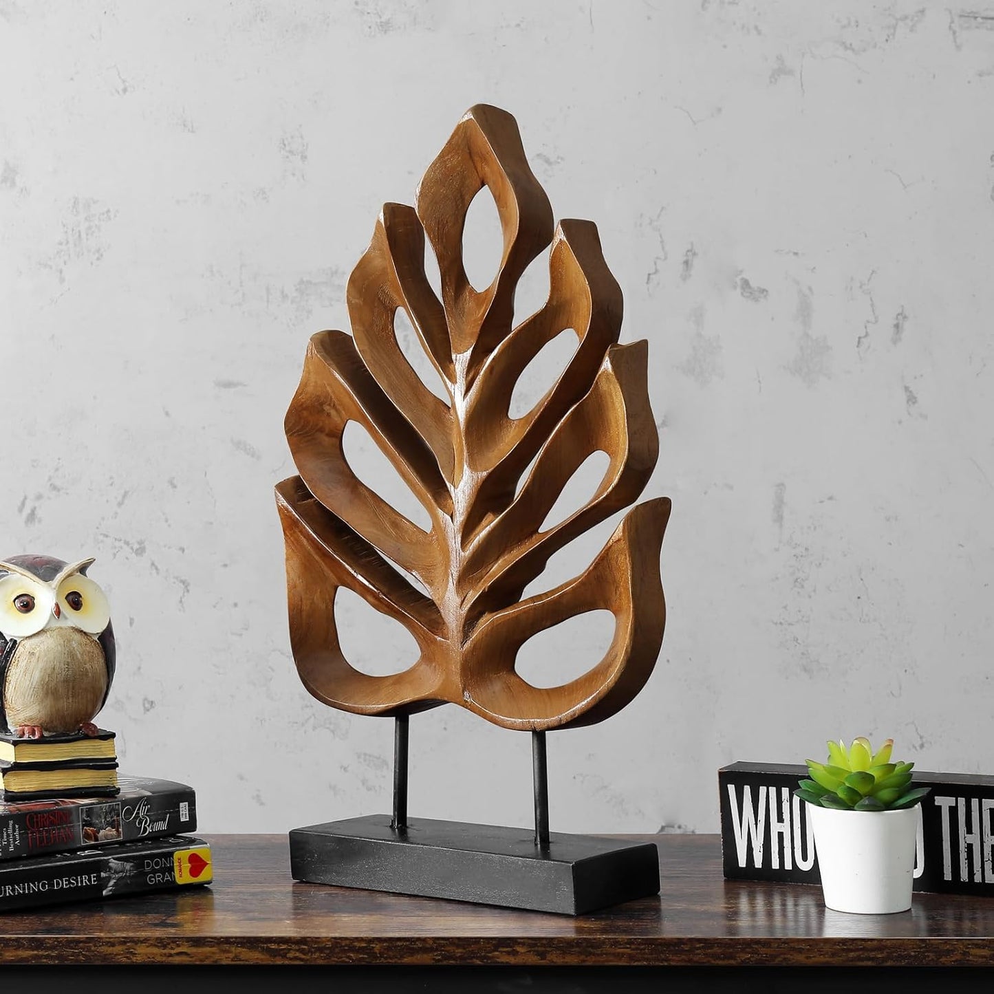 Leaf Teak Sculpture, Wood Tabletop Sculpture Collectible Decoration Gift for Home Office Decor
