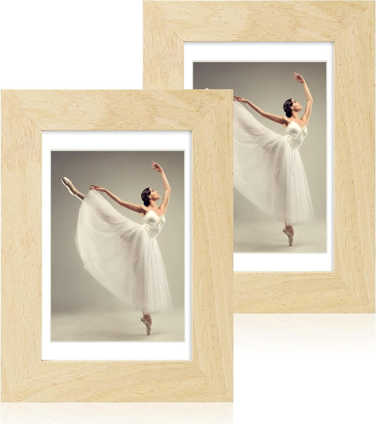 iRahmen 4x6 Picture Frame Set of 2, Wood Photo Frame with HD Glass - Display Pictures 3.5x5 with Mat or 4 x 6 without Mat for Horizontal or Vertical Tabletop and Wall Mounting