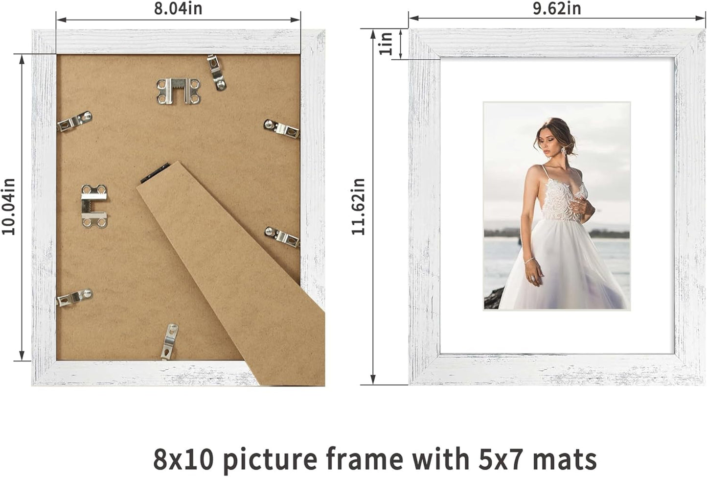 iRahmen 8x10 Picture Frame Set of 2, Distressed White Wood Photo Frame with Real Glass, Display Pictures 5x7 with Mat or 8 x 10 without Mat for Tabletop or Wall Mounting