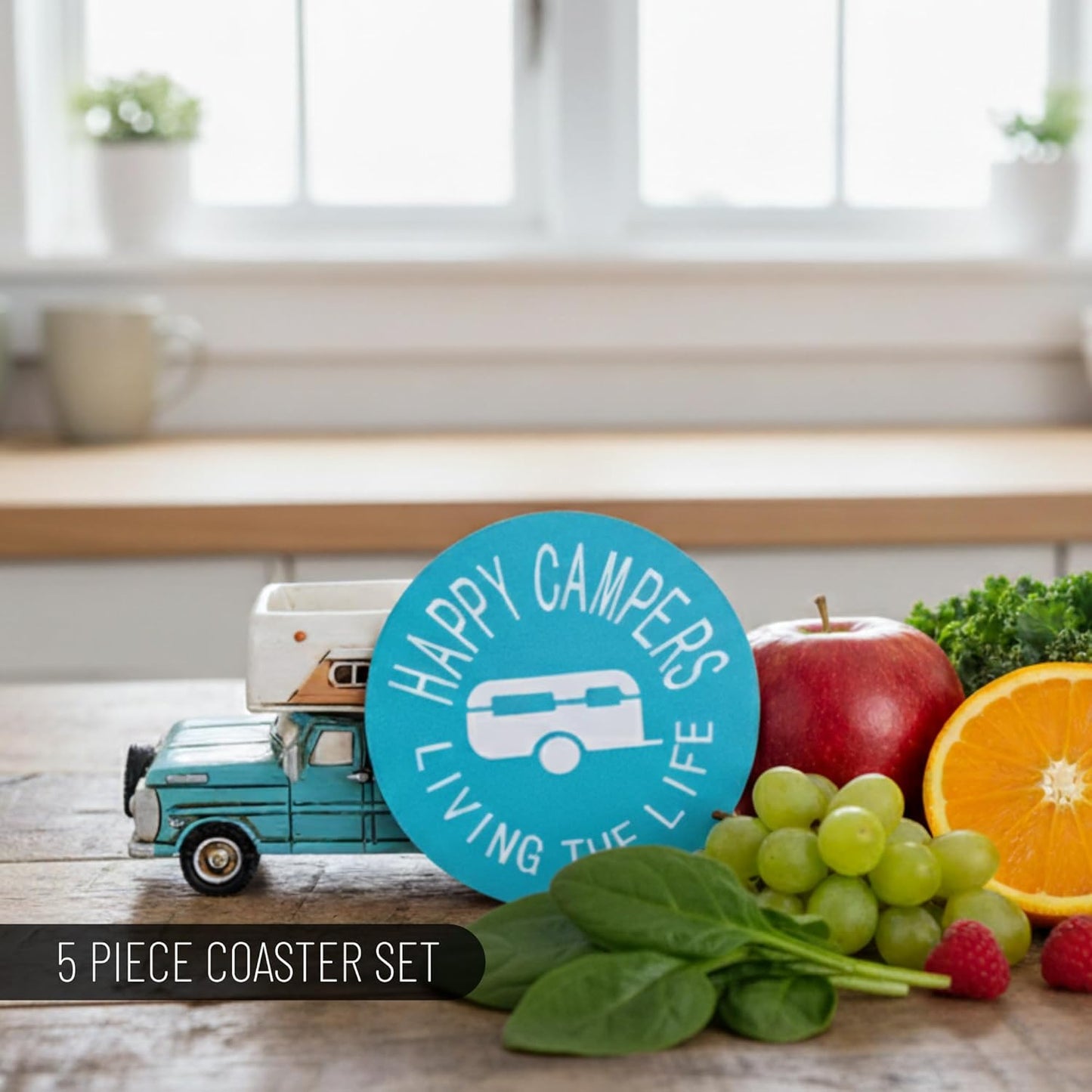 Happy Camper Car Coaster Set - Truck RV Coasters for Drinks Rustic Home Decor Living Room - Table Coasters Set Dining Room Decor and Accessories - Home Bar Camp