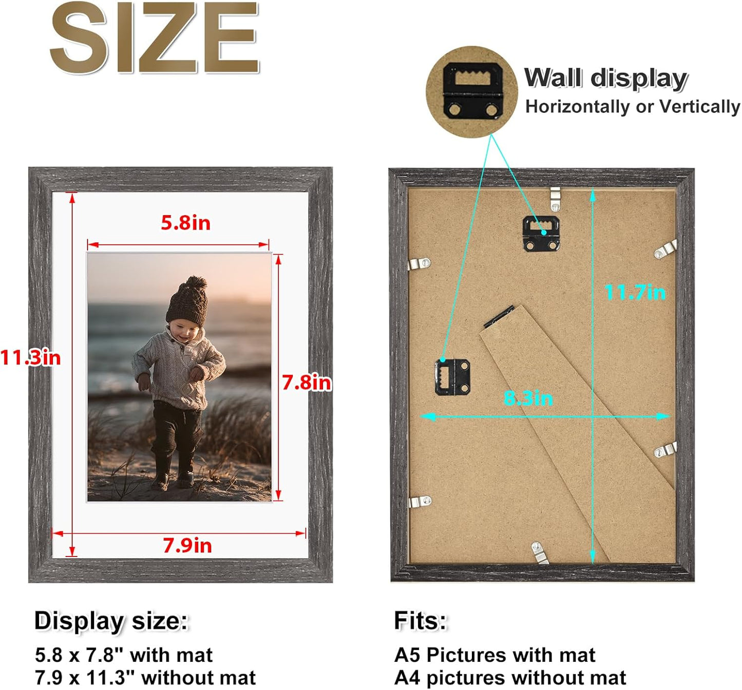 KINLINK A4 Picture Frame, Ash Black Solid Wood Frames with Acrylic Plexiglass for Pictures A5 with Mat or A4 without Mat, Tabletop and Wall Display Photo Frame 4 Pack