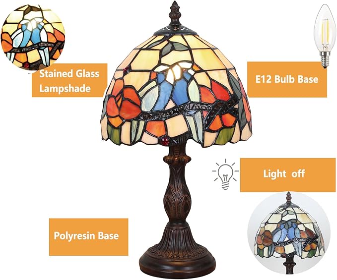 Tiffany Table Lamp 8'', Blue Hummingbird Tiffany Style Table Lamp for Bedroom Study Office Home Stained Glass Lamp