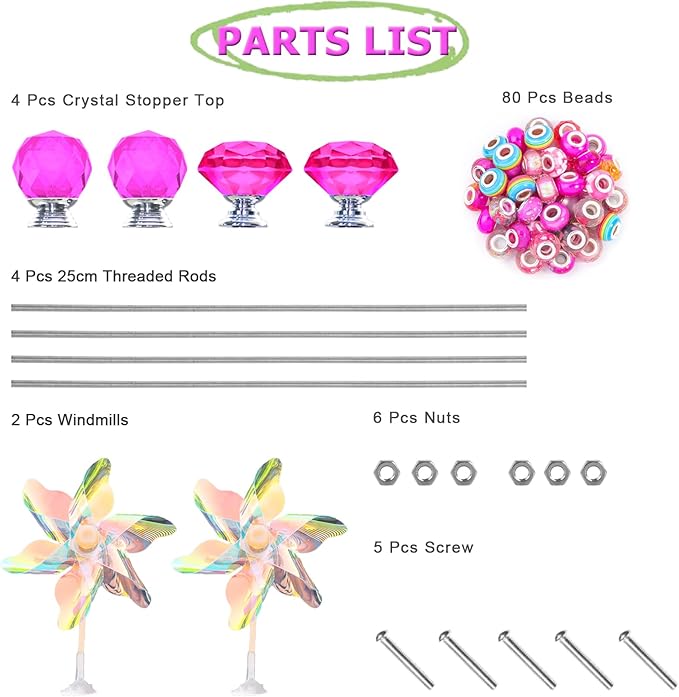 101 PCS Beaded Garden Stakes Kit, DIY Fairy Wand Garden Stake Beads Kits with Rose Red Large Hole Beads 4 Crystal Stopper Top Threaded Rods and 2 Colored Small Windmills for Outdoor Indoor Decor