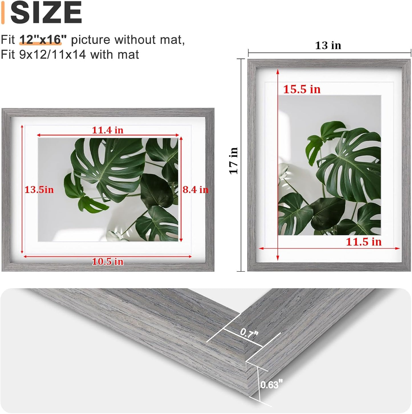 Egofine 12x16 Picture Frames Set of 4, Made of Solid Wood Covered by Plexiglass 9x12 and 11x14 with Mat or 12x16 without Mat, for Wall Mounting Photo Frame Light Grey