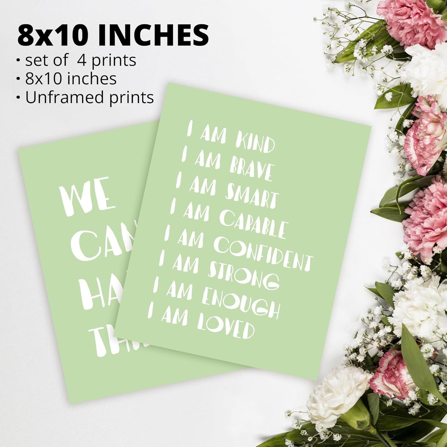 I am Kind Brave Smart Affirmations Green Sun Sunshine Hearts Poster Prints for Girls Kids Room Playroom Decor,Girl Nursery Decorations Prints Wall Art Unframed 4pcs 8x10inches,Girls Kids Gifts