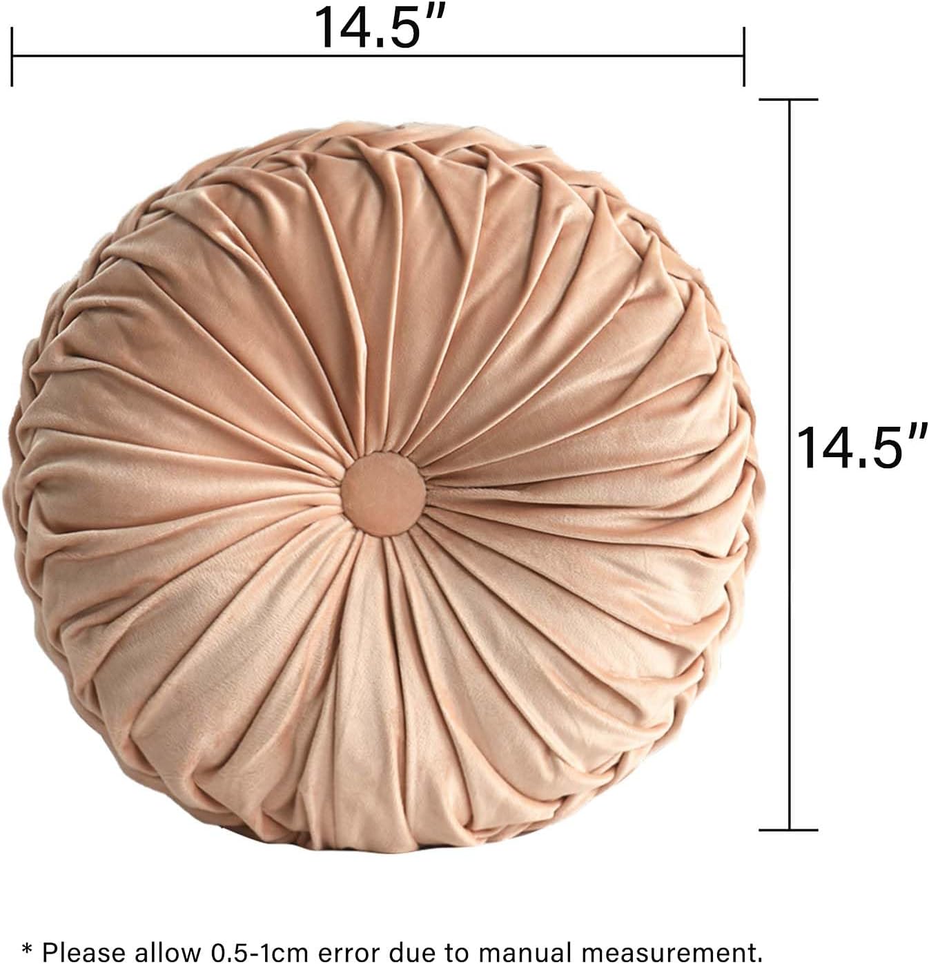 HIG Set of 2 Decorative Round Pleated Throw Pillows,Classy Accent Pumpkin Throw Pillows with Center Button,Vintage Velvet Floor Pillows for Sofa Vanity Chair Bed,Blush,16" Diameter(Ripple)