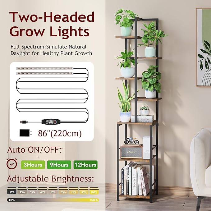 Plant Stand Indoor with Grow Light, 7-Tiered Tall Plant Stand Indoor, Metal Plant Shelf with Bookshelf Bookcase and Adjustable Light, Ideal for Living Room, Reading room, Garden, Patio (Brown)