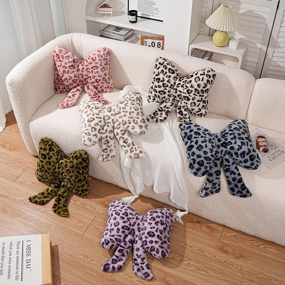 Leopard Print Throw Pillow Furry Bow Plush Pillows Cute Flower Plush Pillow Cheetah Home Decor Stuffed Bow Lumbar Pillow for Bed Couch Living Room Decor (Purple, 16in)