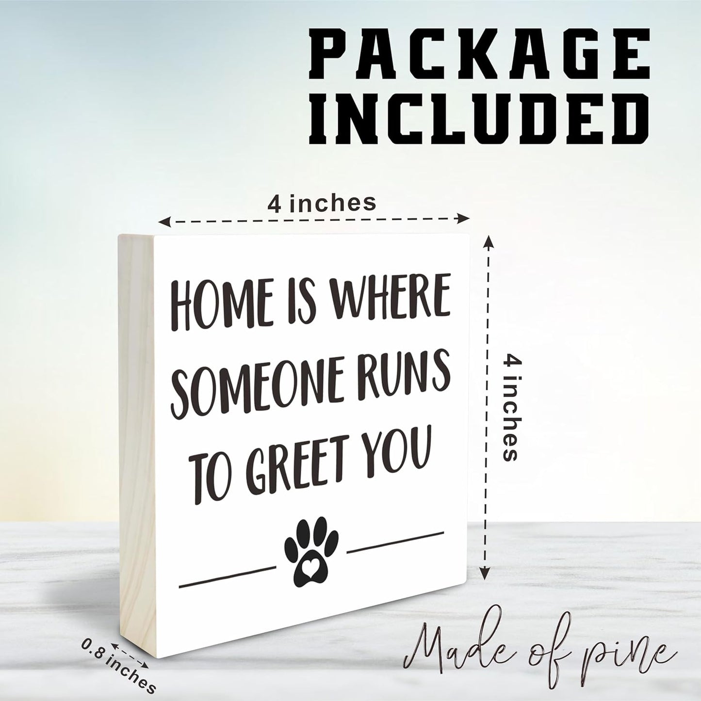 Dog Theme Wooden Block Sign - Home Is Where Someone Runs To Greet You - 4"X4" Decorative Pine Wood Plaque, Home & Office Desk Decor, Dog Lover Gift, Room Tabletop, Shelf Accessories - A07