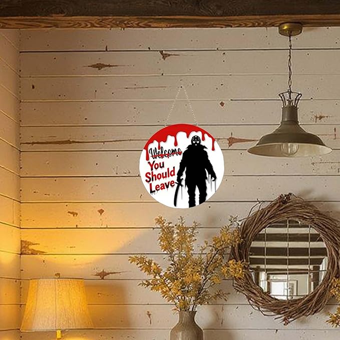 Halloween Welcome Sign for Front Door Welcome You Should Leave Horror Scream Front Door Halloween Decor Sign Ghost Face Wall Decoration for Indoor Outdoor 12×12in